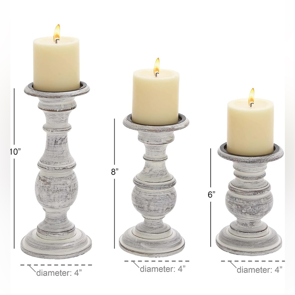 NIB set of three mango wood rustic white pillar candle holders by Deco 79 - Picture 8 of 8